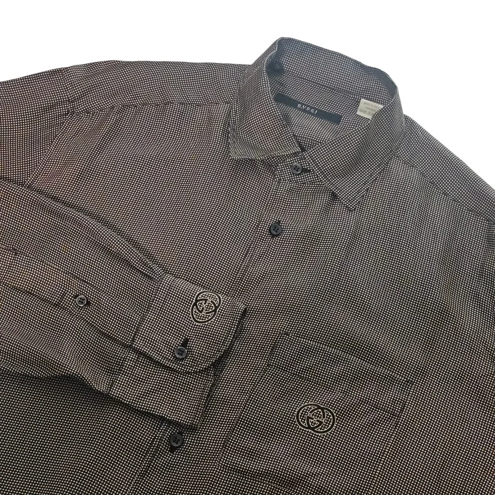 Gucci Mens Silk Button Down Shirt 43/17 Brown Micro Dot GG Logo Pocket Italy